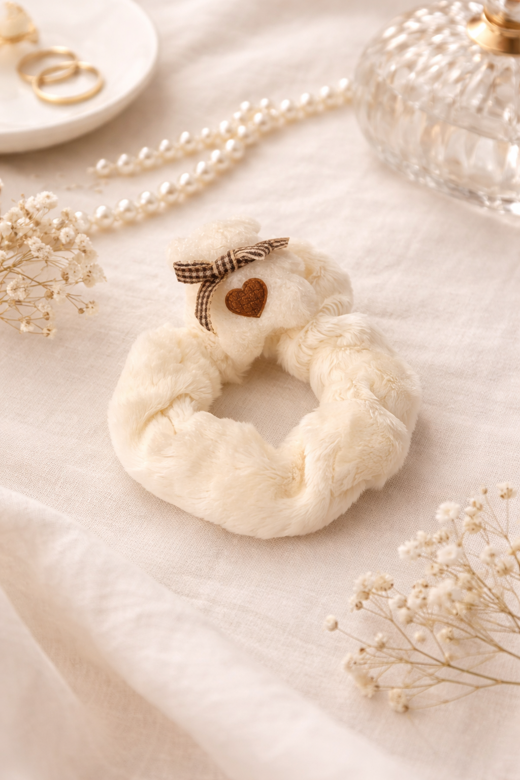 Creamy Heart Bow Plush Scrunchie