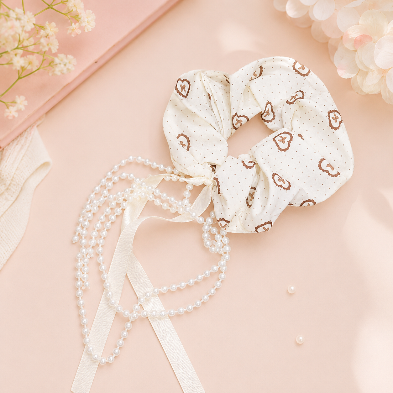 Vanilla Heart Pearl Scrunchie